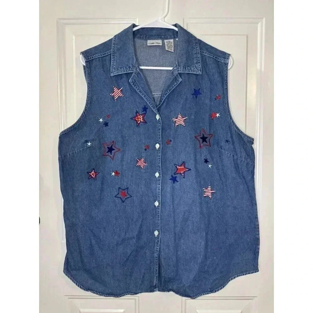 Vintage 90s Y2K Denim Sleeveless Blouse Women's Size 18W Blue Flag 4th Of July